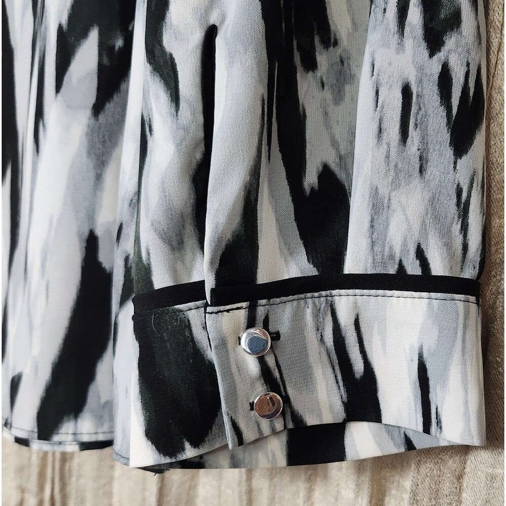 Calvin Klein Blouse Womens XL Black White Gray Long Sleeve V Neck Zip Abstract - Picture 5 of 6